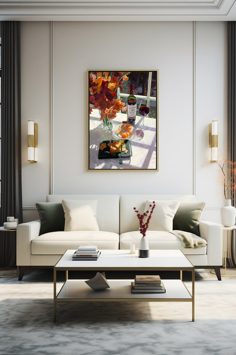 Art of Snacking hanging in a styled living room