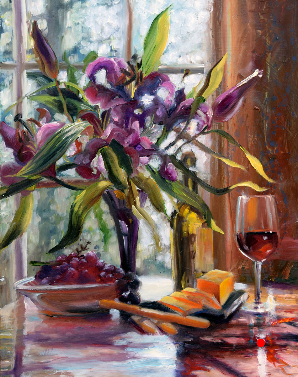 Evening Glow — irises, grapes, and wine in dusky light