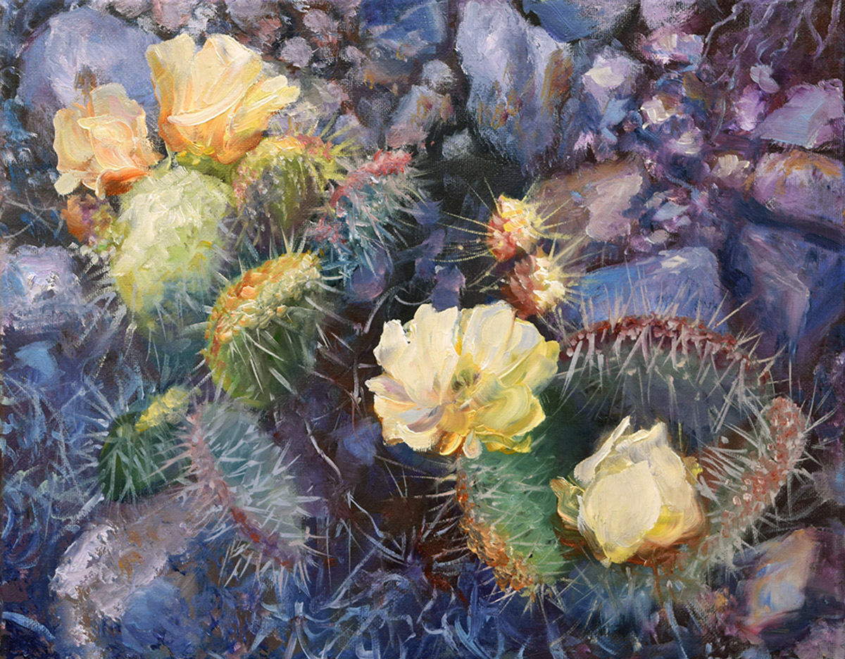 Yellow Cactus — oil painting of a prickly pear in bloom by Trisha Selgrath